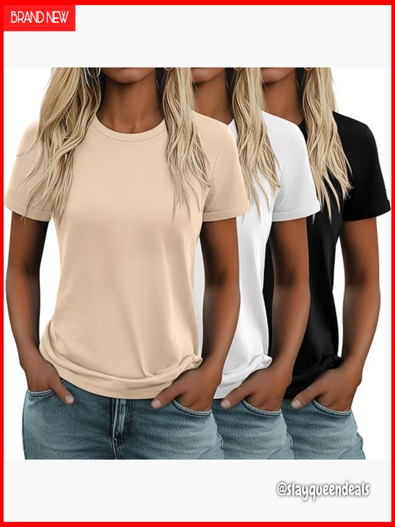 3 Pack Cotton T-Shirts Women's Short Sleeve Crewneck Loose Fit Basic Tees